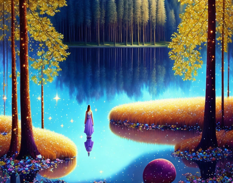 Fantastical landscape with figure in purple cloak by reflective lake