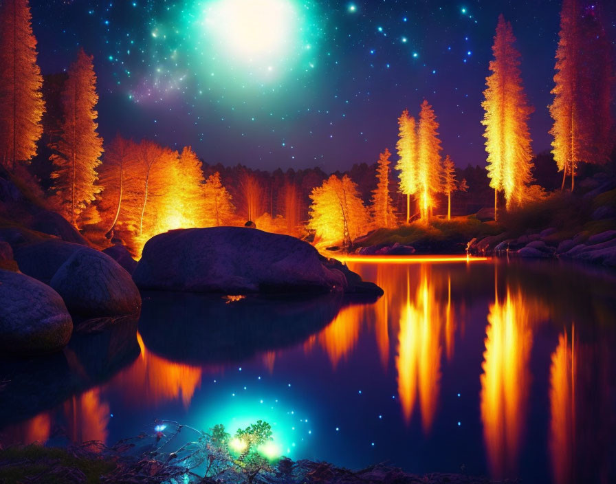 Serene forest and lake under starry night sky