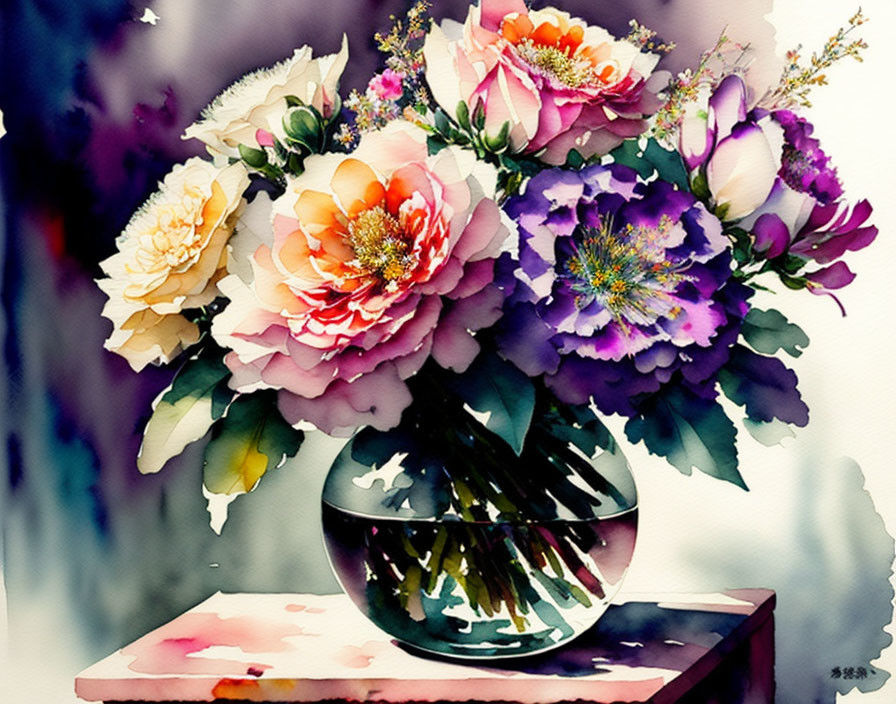 Colorful Watercolor Painting of Flowers in Glass Vase