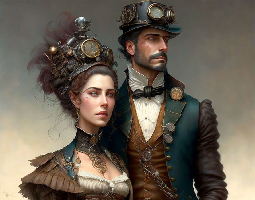 Steampunk couple in Victorian attire with goggles and gear accessories