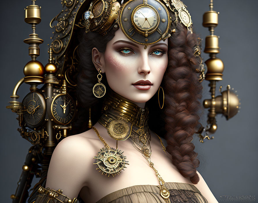 Steampunk-themed woman portrait with intricate headdress featuring gears and clocks