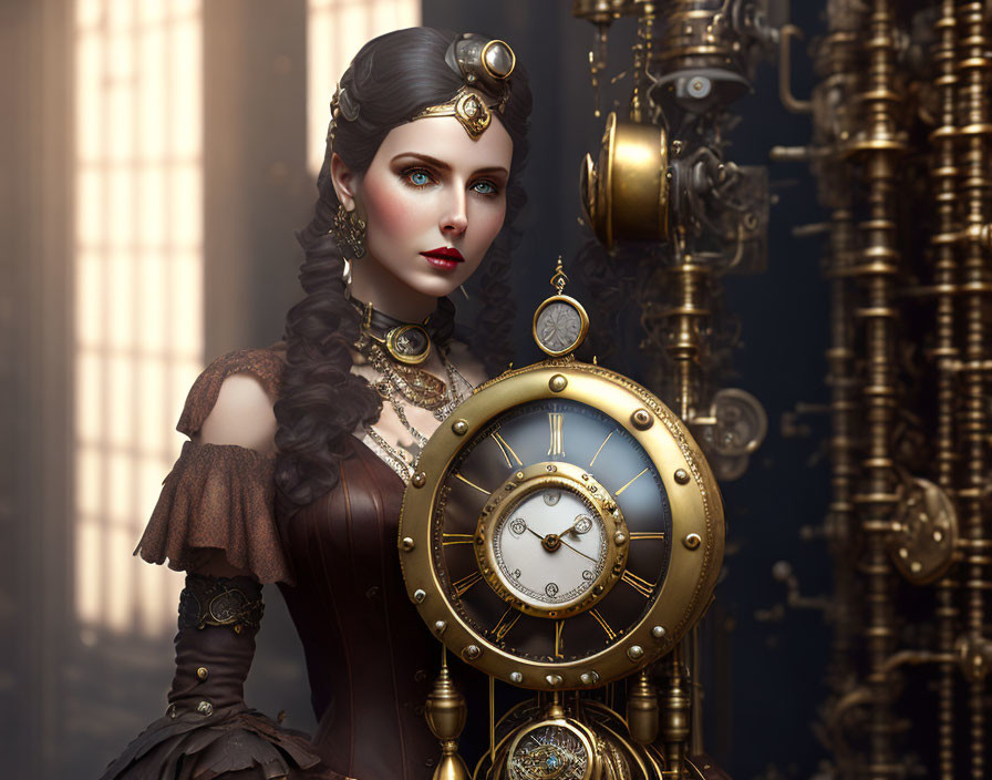 Victorian steampunk woman with intricate clockwork mechanism