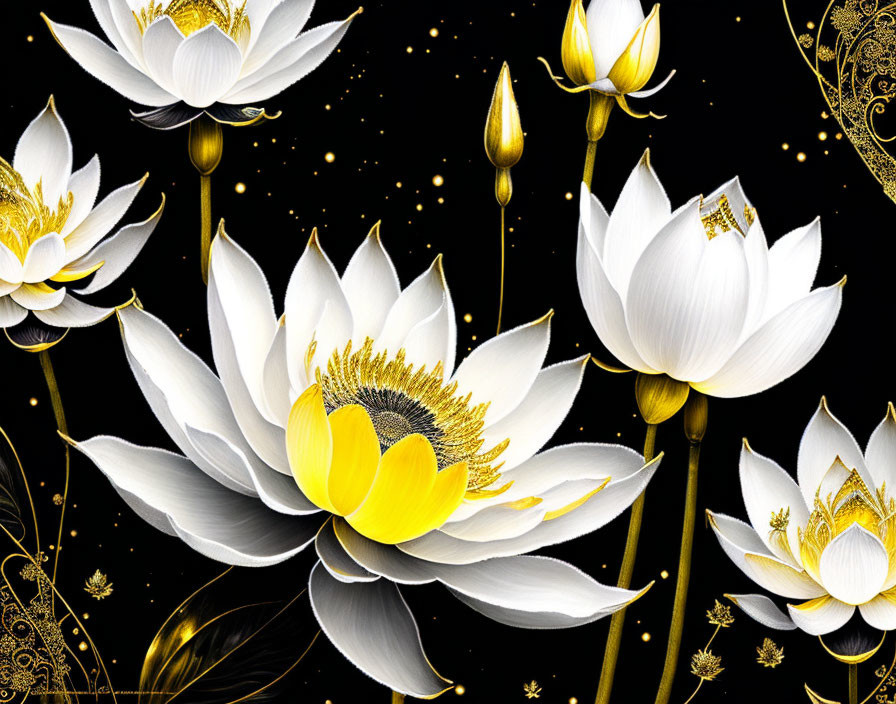 White Lotus Flowers with Golden Details on Black Background and Ornate Patterns