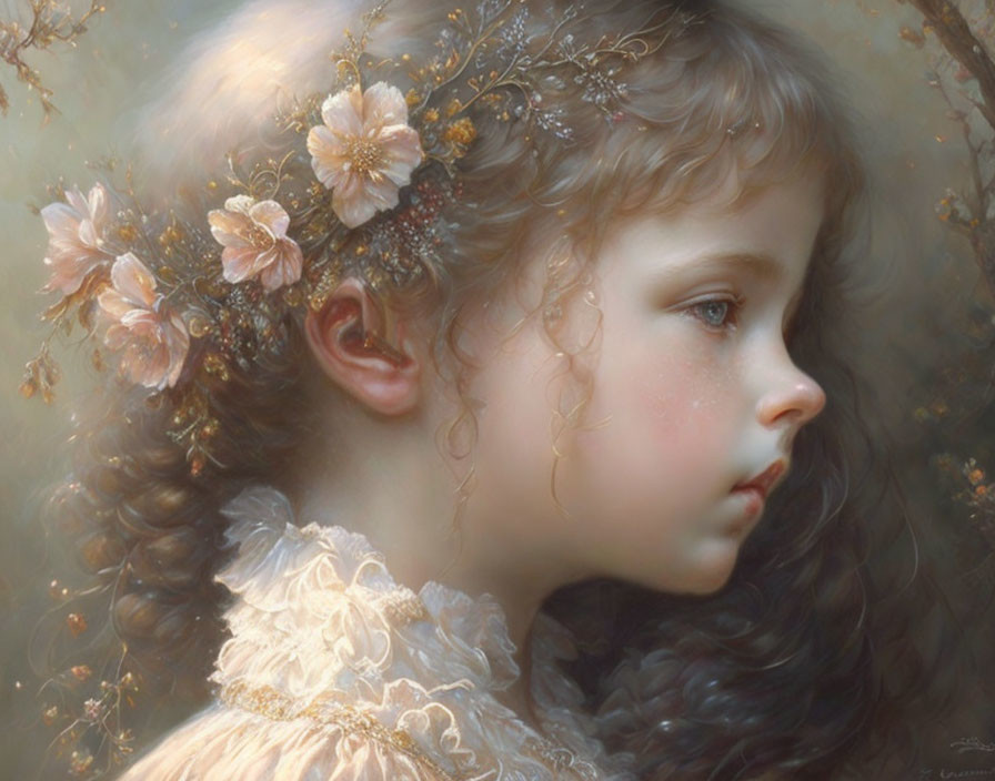Portrait of young girl with curly hair and floral headpiece, gazing dreamily.