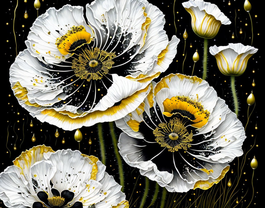 White and Gold Poppies on Black Background with Golden Spots