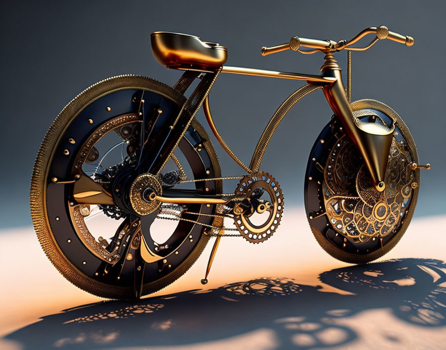 Steampunk-inspired bicycle with bronze details and gear mechanisms on sandy surface at dusk