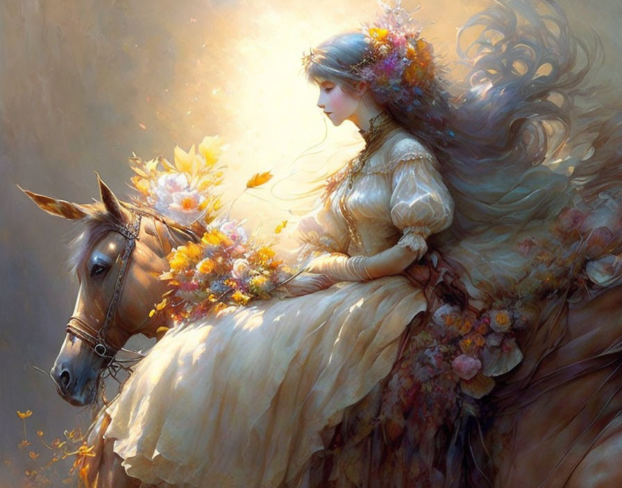Ethereal woman on horse surrounded by golden light and flowers