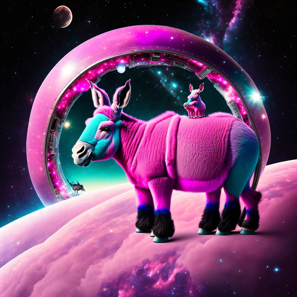 Vibrant digital illustration of pink donkey on alien planet with smaller donkey in futuristic gear against