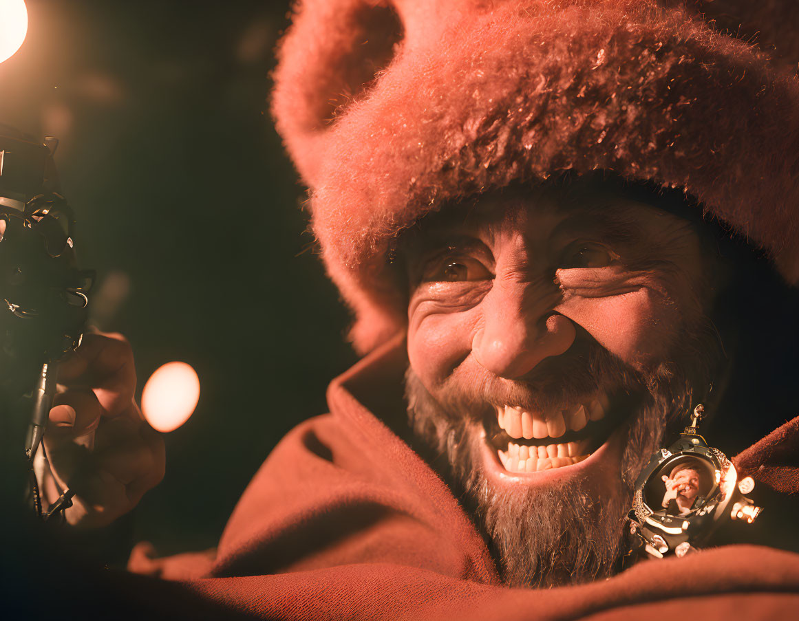 Bearded person in fur hat and red coat holding compass in warm light