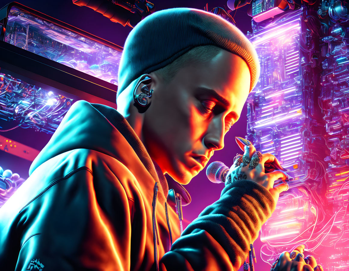 Person in Beanie and Hoodie Contemplating Futuristic Device in Neon-lit Setting