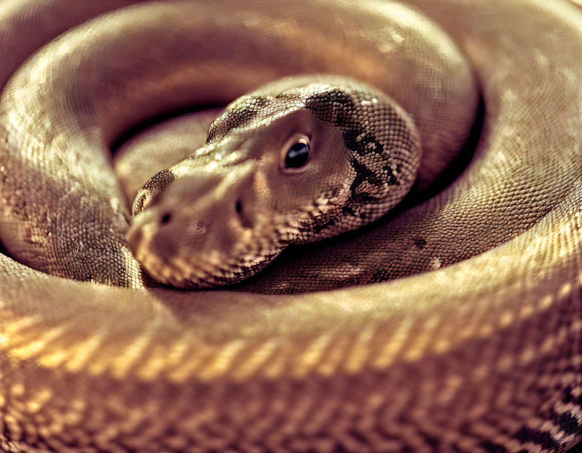 Detailed Close-Up of Coiled Snake with Focused Gaze