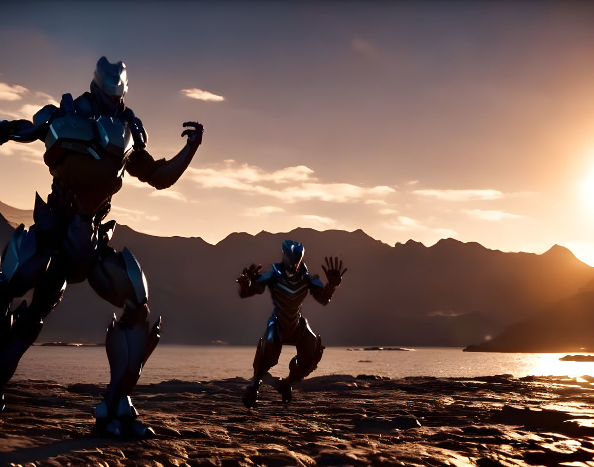 Robotic armored humanoid figures on beach at sunset