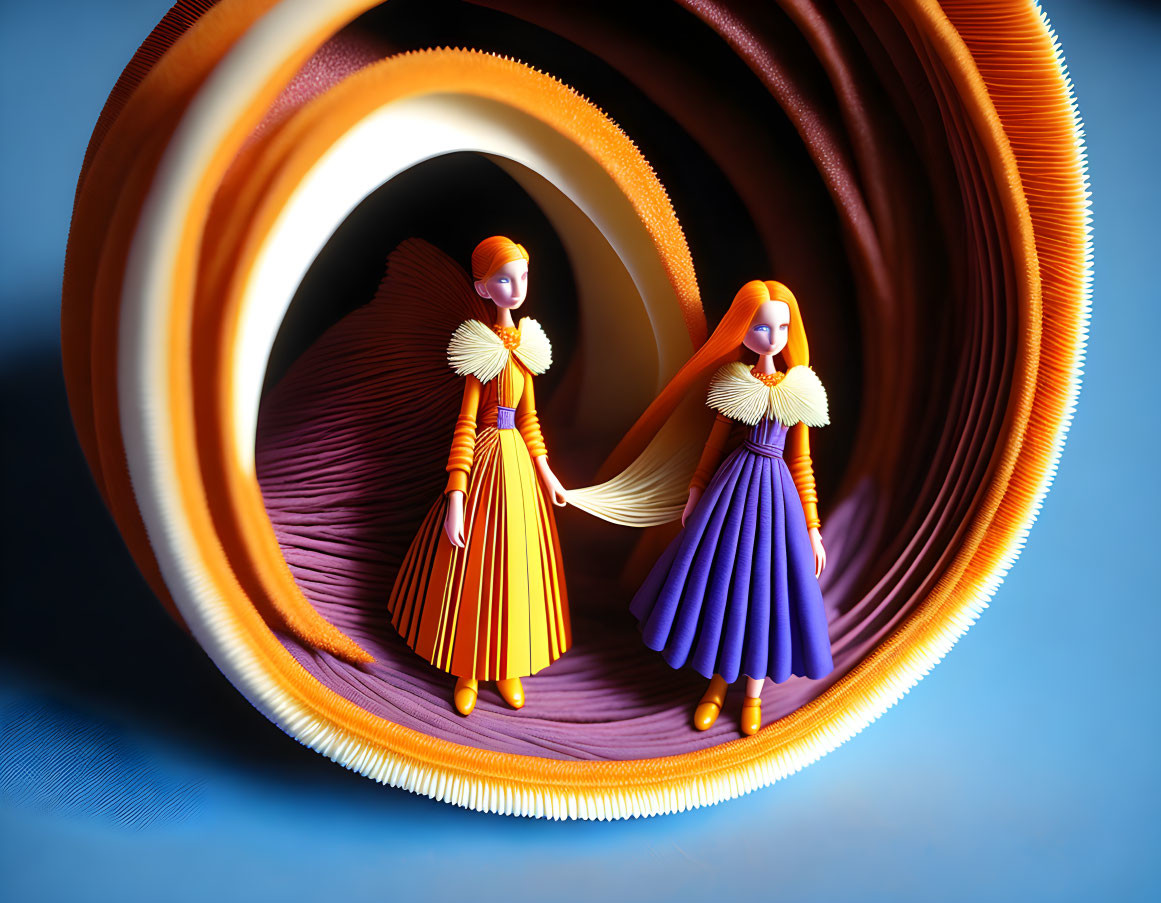 Identical Doll Figures with Orange Hair in Yellow and Purple Dresses on Orange and Blue Paper