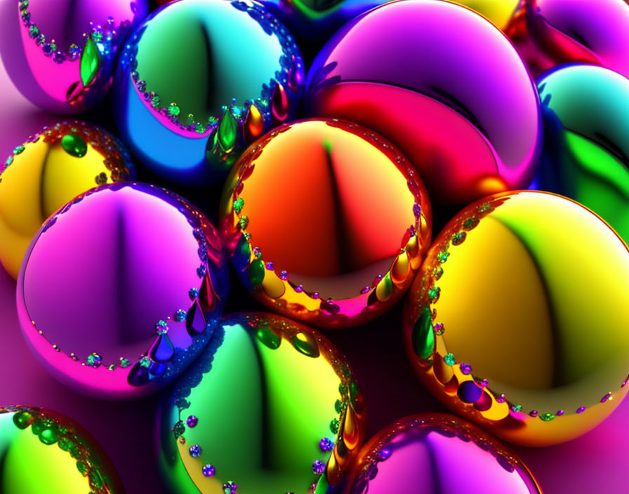 Vibrant 3D spheres with metallic sheen and water droplets in rainbow cluster