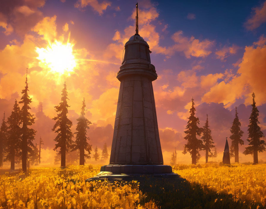 Majestic lighthouse in field of yellow flowers at sunset