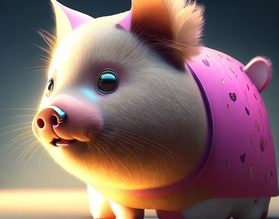 Stylized animated pig with large shiny eyes and pink outfit