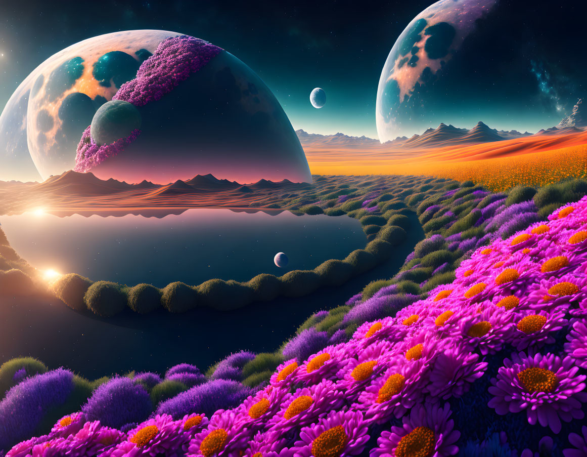 Fantastical landscape with purple flowers, winding river, and celestial bodies