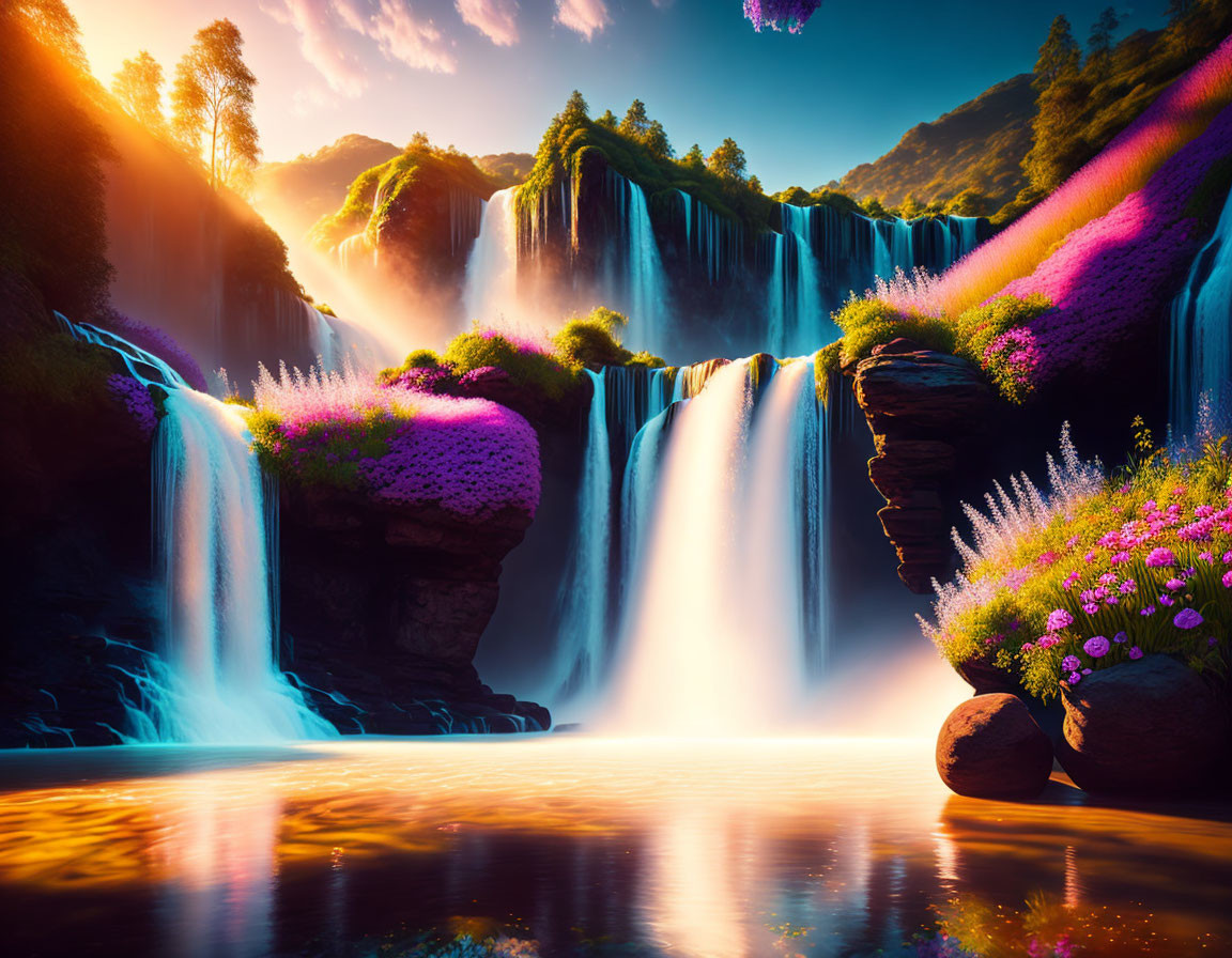 Serene waterfall in vibrant landscape with lush foliage and purple flora