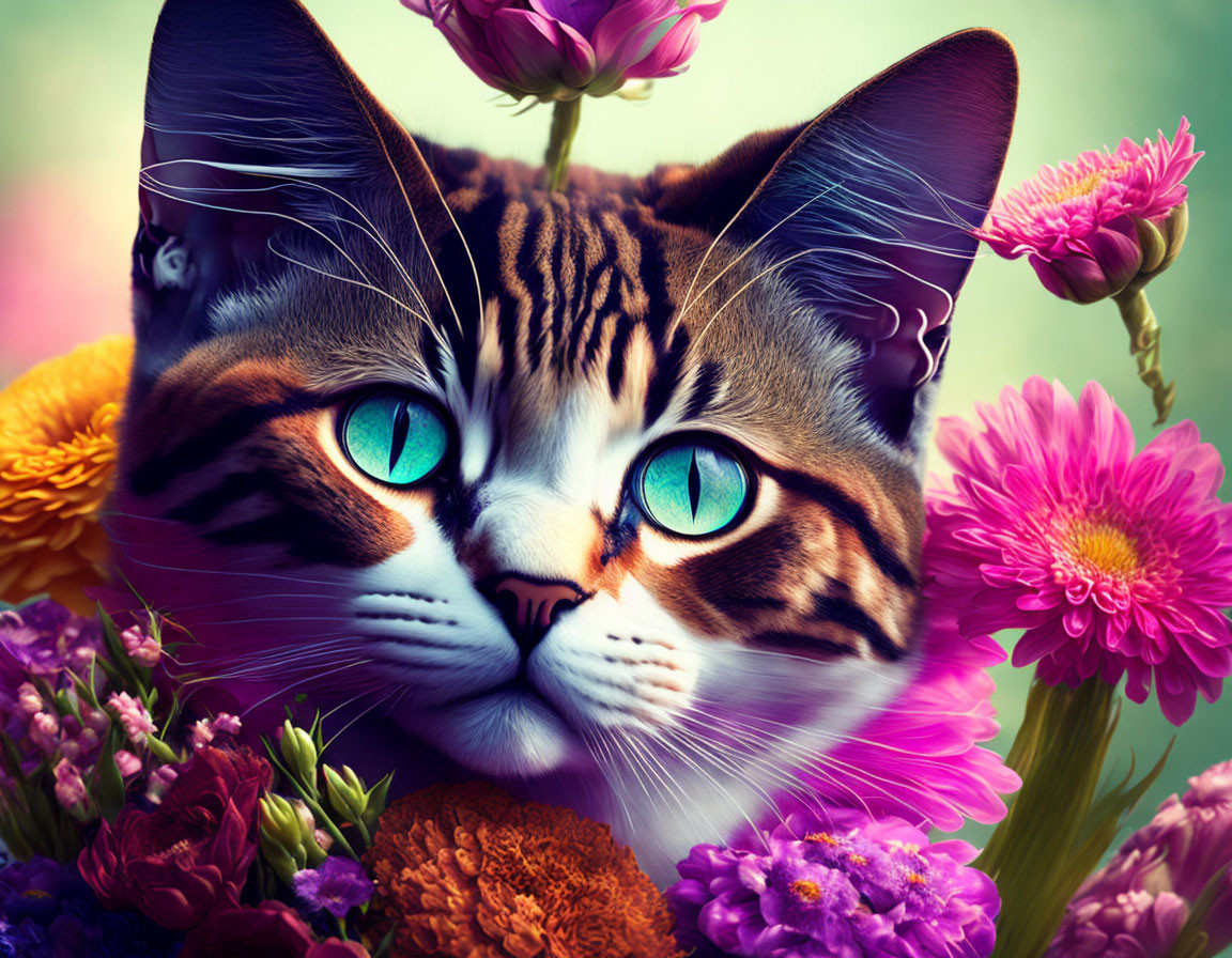 Tabby Cat with Blue Eyes Surrounded by Multicolored Flowers
