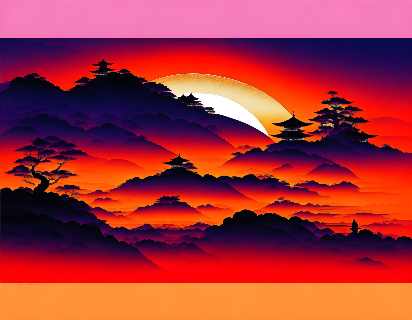 Japanese landscape illustration: Sunset with pagodas, trees, and mountains
