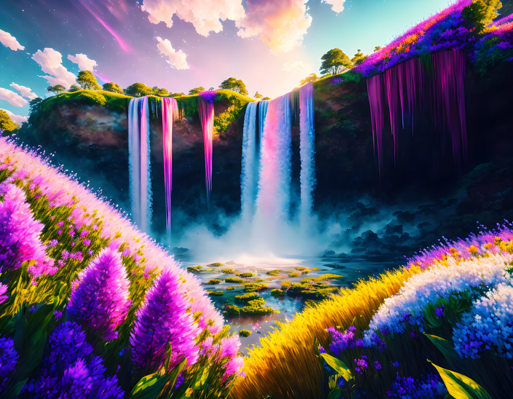 Surreal landscape with waterfall, colorful sky, and purple flowers