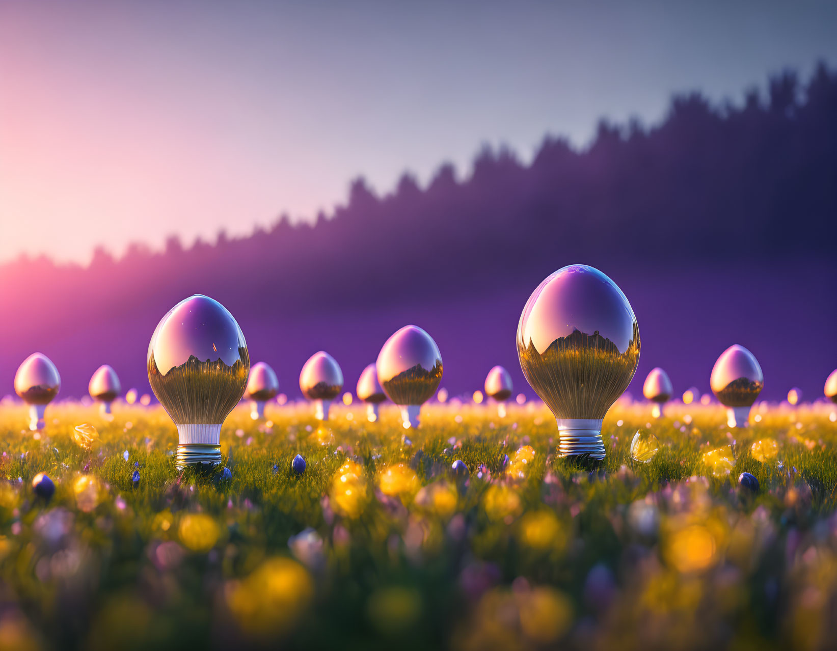 Ethereal sunrise reflection on light bulbs in flower field