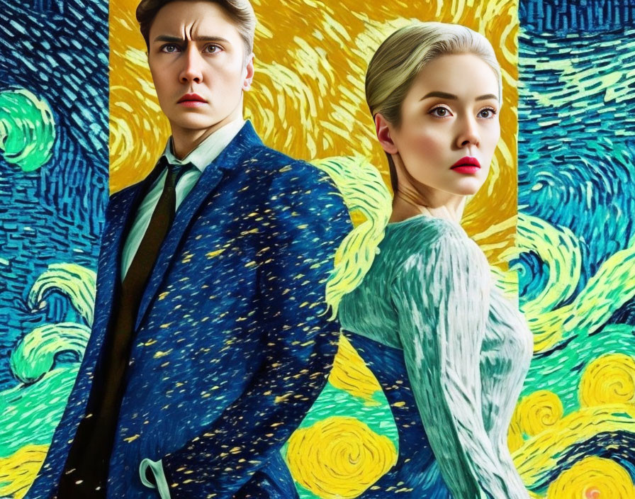Intense man and woman in stylized art against starry Van Gogh background