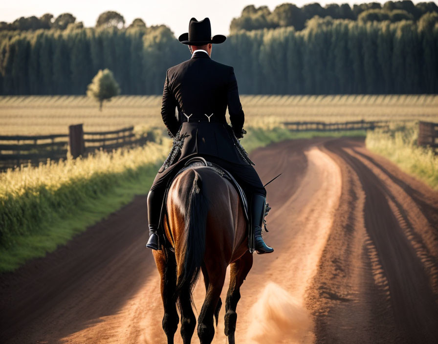man in a black suit riding a black horse