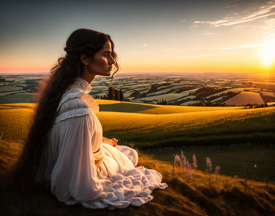 young peasant woman watching the sunset on a hill 