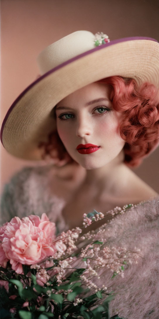  Beautiful, young woman in a feathered bowler hat,