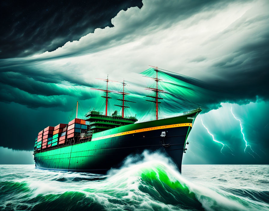 Large green-hulled sailing ship battles turbulent waves under stormy sky