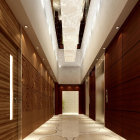 Luxurious Hallway with Marble Floors, Wood Paneling, Gold Details, and Modern Chandeliers