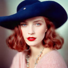 Portrait of a Woman with Red Hair, Blue Hat, Pink Outfit, and Pearl Necklace