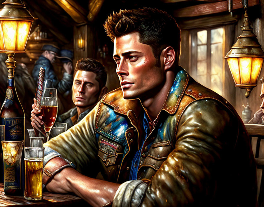 Digital illustration of man with slicked-back hair in bar setting