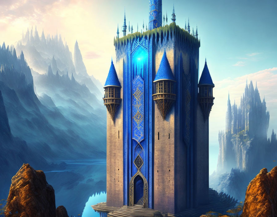 Blue castle digital artwork set in misty mountains under golden sky