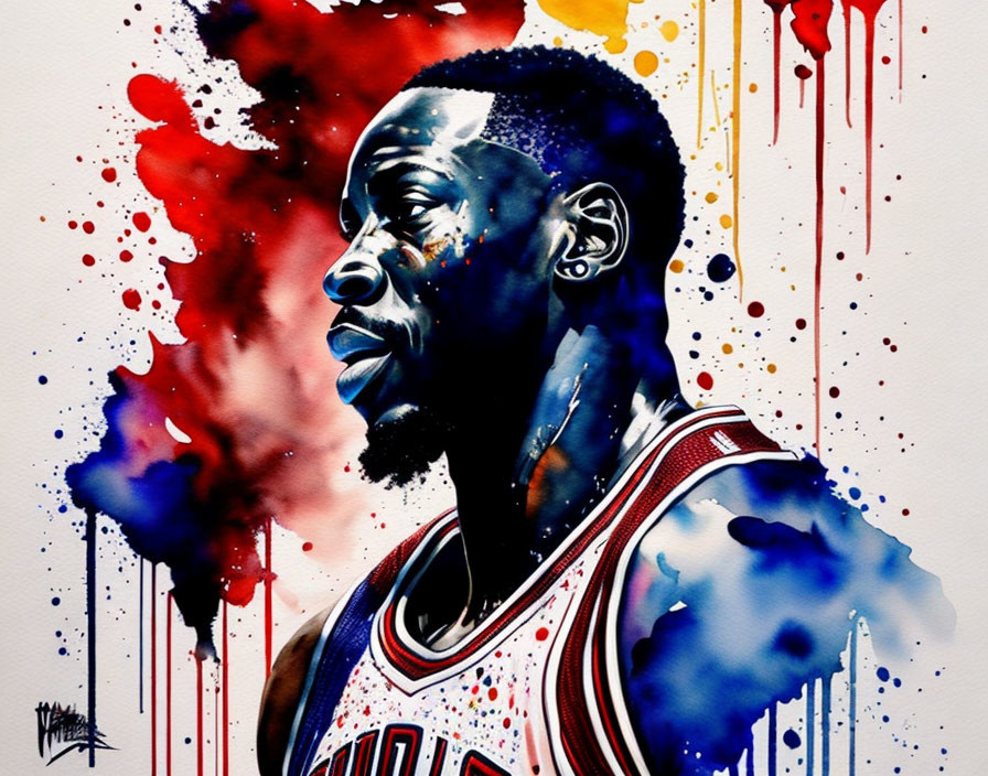 Colorful Watercolor Painting of Basketball Player in Red and White Jersey