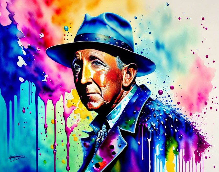 Vibrant Watercolor Painting of Man in Hat with Abstract Background