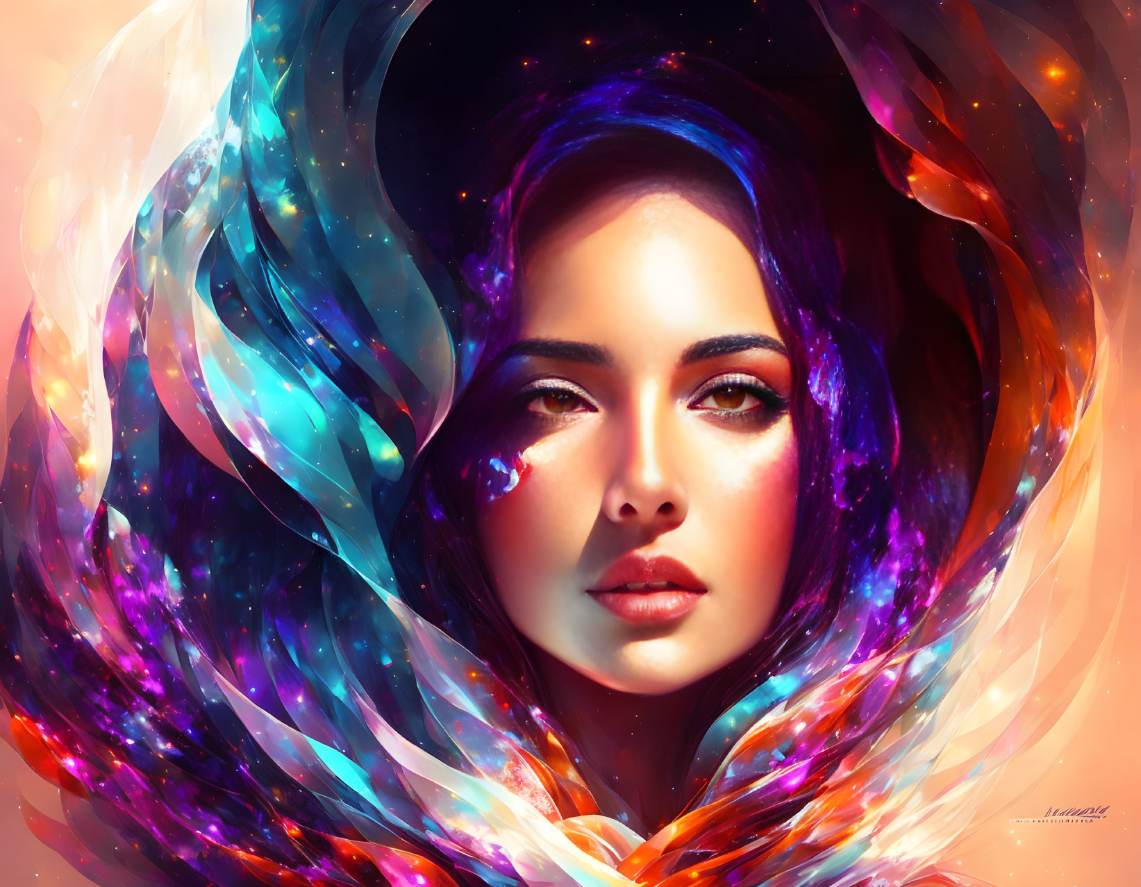 Vibrant digital artwork: Woman in cosmic nebula swirls