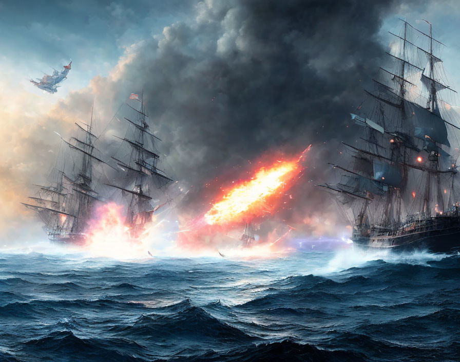 Historic tall ships in fiery sea battle