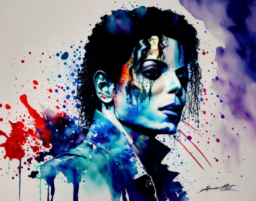 Colorful watercolor portrait with dynamic blue and purple splashes