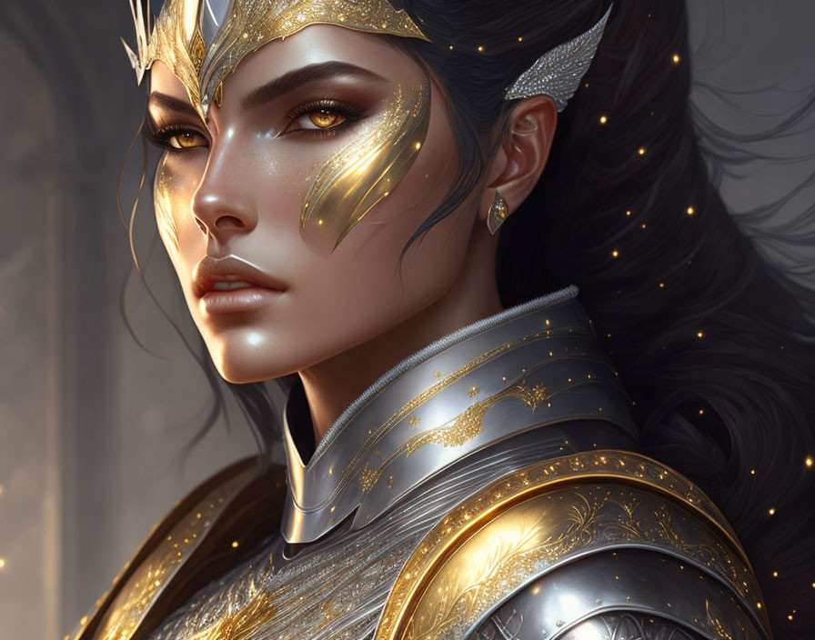 Digital portrait of woman in ornate golden armor with flowing hair.