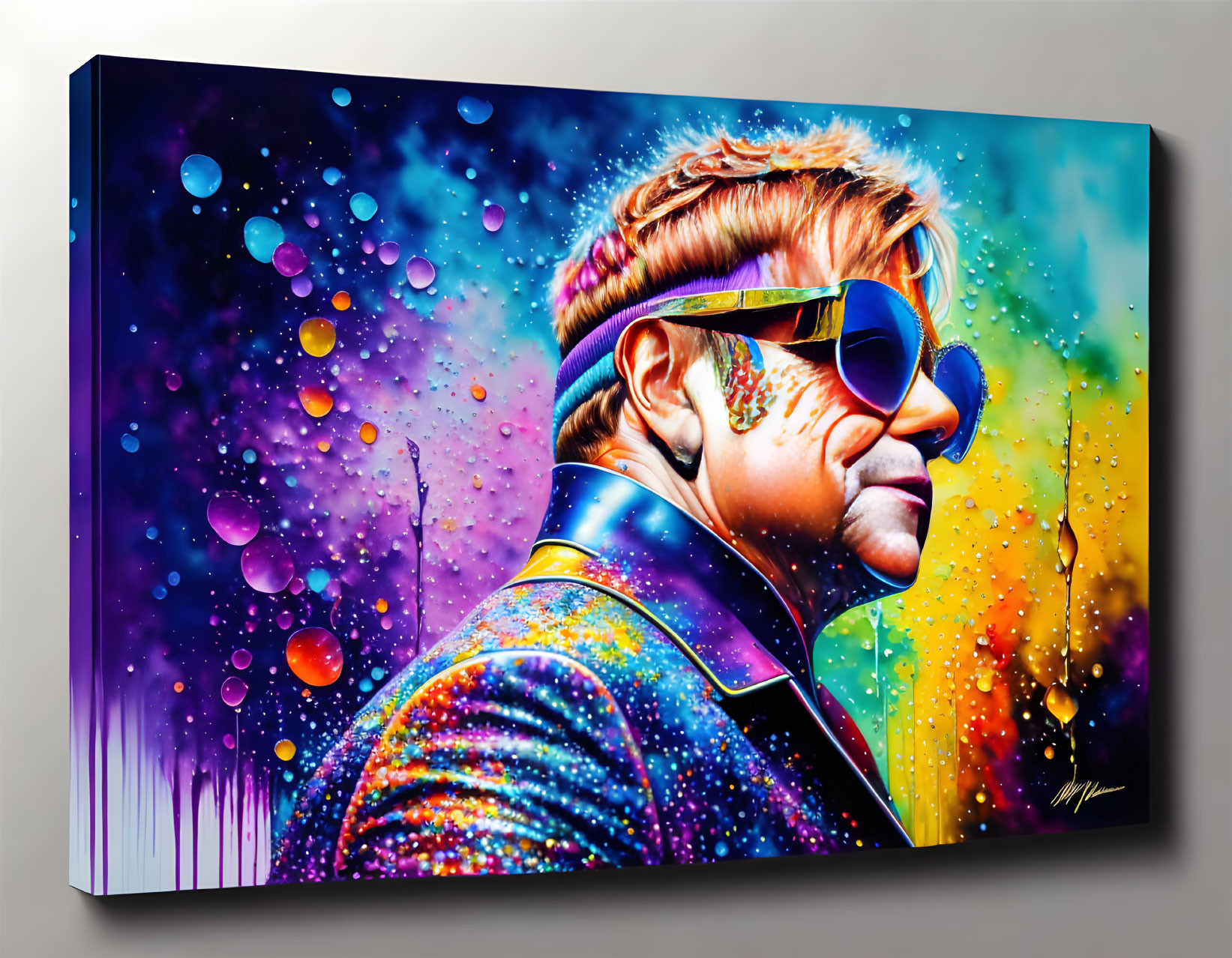 Colorful painting: Person with sunglasses, cityscape reflection, cosmic stars, paint splashes