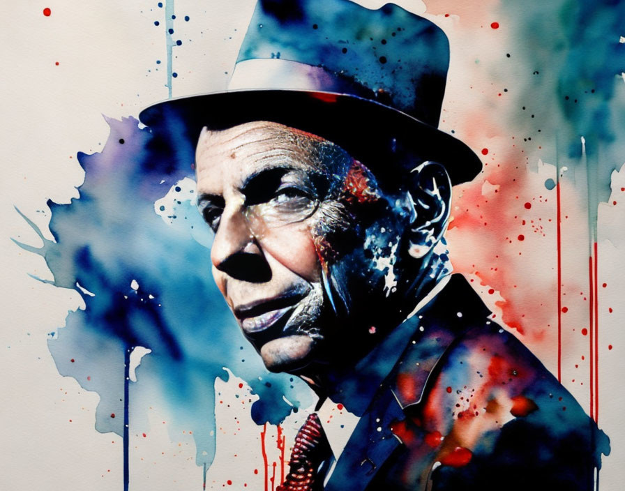 Colorful Watercolor Portrait of Man in Fedora and Suit with Abstract Splashes