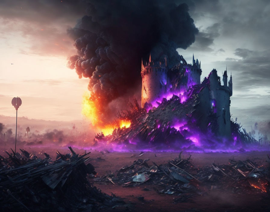 Fantasy castle siege engulfed in flames and purple magic, twilight battlefield.