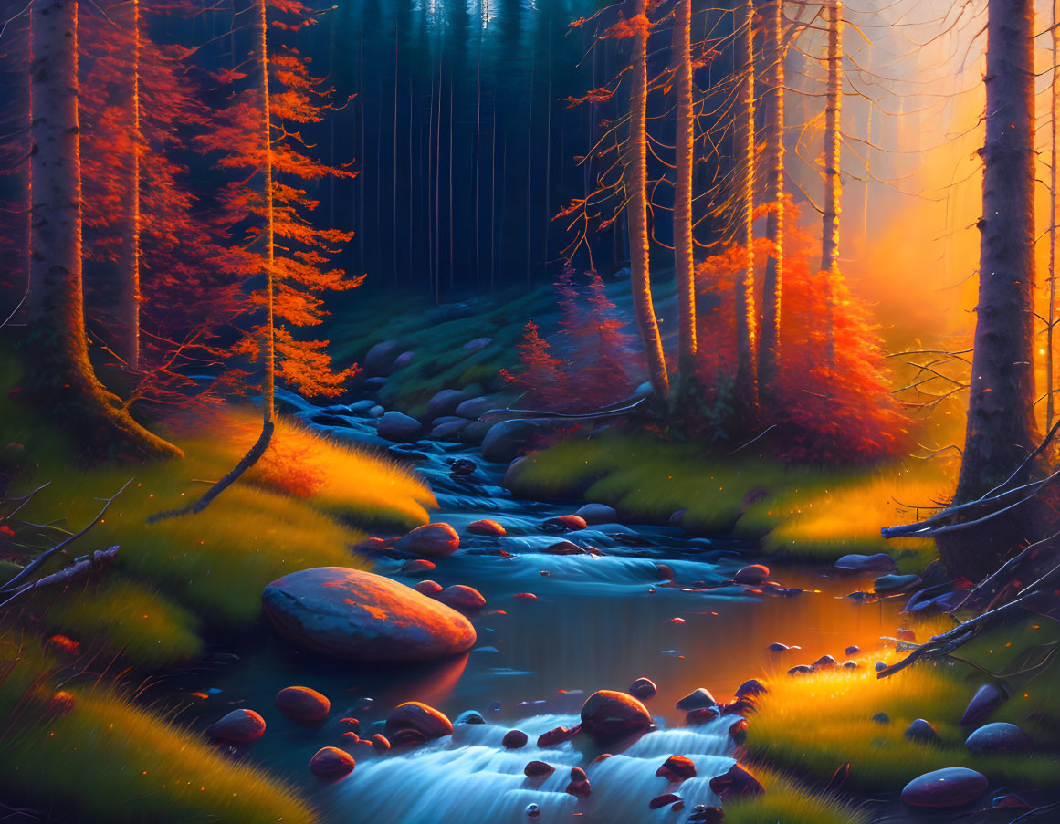 Tranquil sunset forest with glowing stream