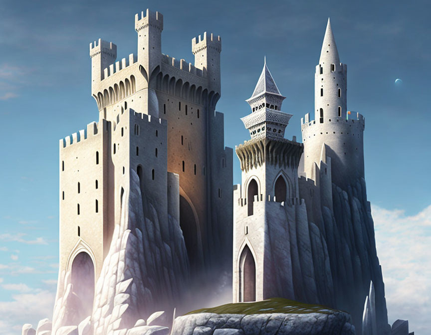 Fantasy castle with multiple towers on cliff under blue sky