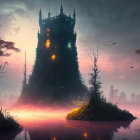 Mystical clock tower on islet at sunset with moon, fog, and water