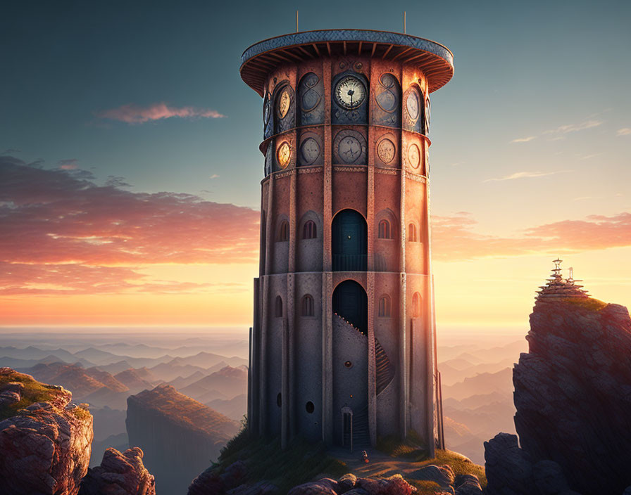 Clock tower on cliff at sunset with mountains and clouds