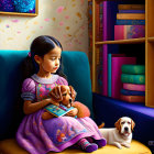 Girl in purple dress reading book with Cavalier King Charles Spaniel in cozy room