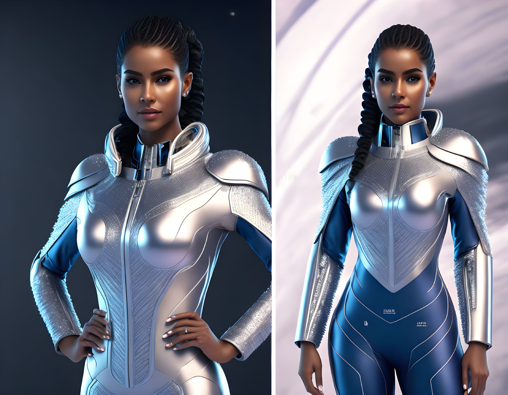 Black Female Character in Futuristic Silver & Blue Suit with Braided Hair